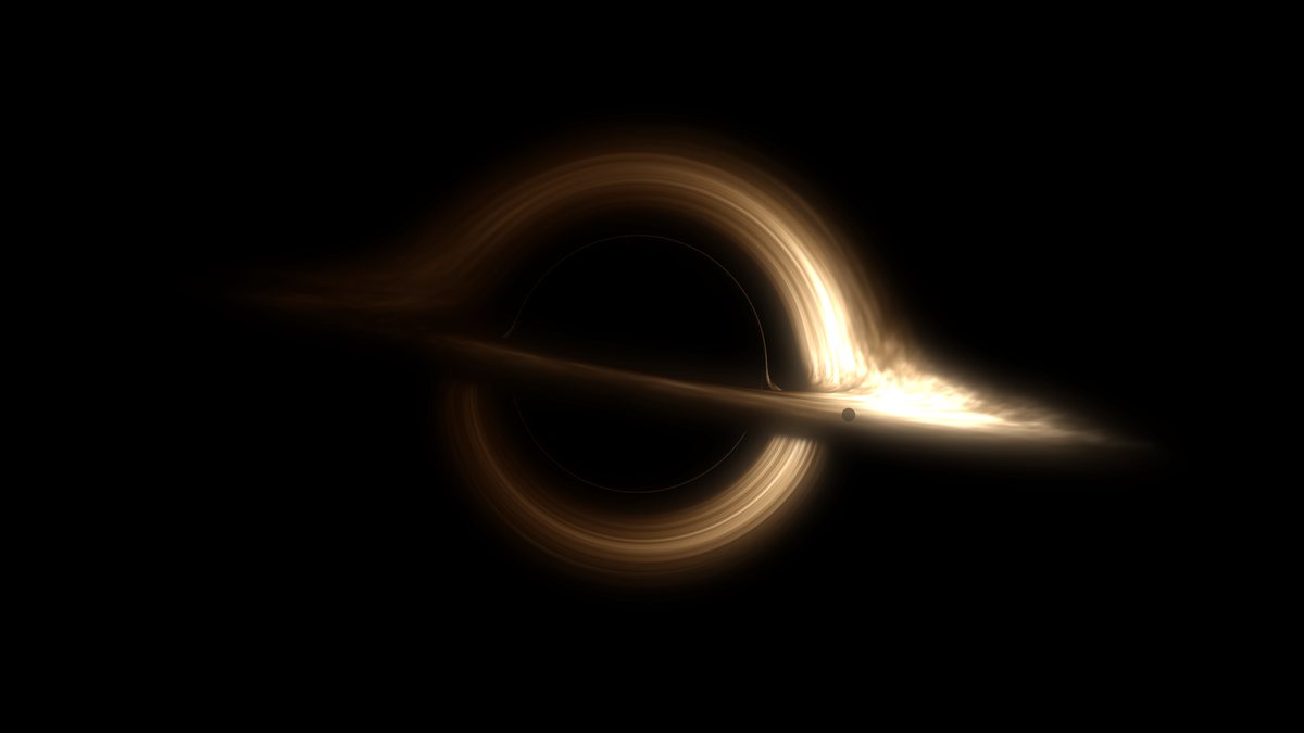 Rendered black hole: a dark sphere ringed by a glowing accretion disk warped over and under itself