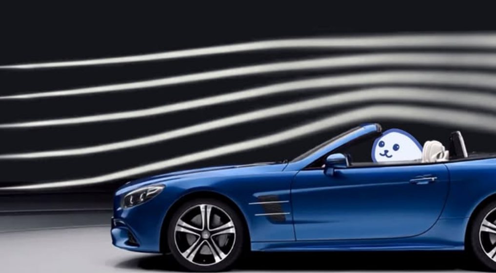 Airflow streamlines bending over a car in a wind tunnel, with the club's seal mascot in the driver's seat