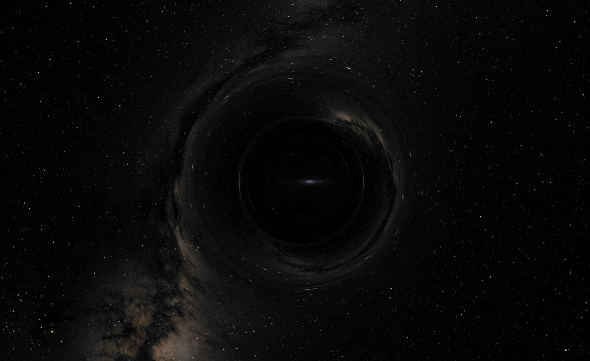 Rendered wormhole: a dark spherical distortion bending a field of stars and the Milky Way around its edge